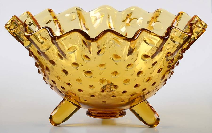 Hobnail Amber 6" Round Crimped 3 Toed Bowl by Smith Glass -1
