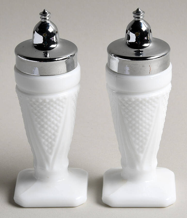 Early American Milk Glass Footed Shaker Set & Metal Lids by Smith Glass -1