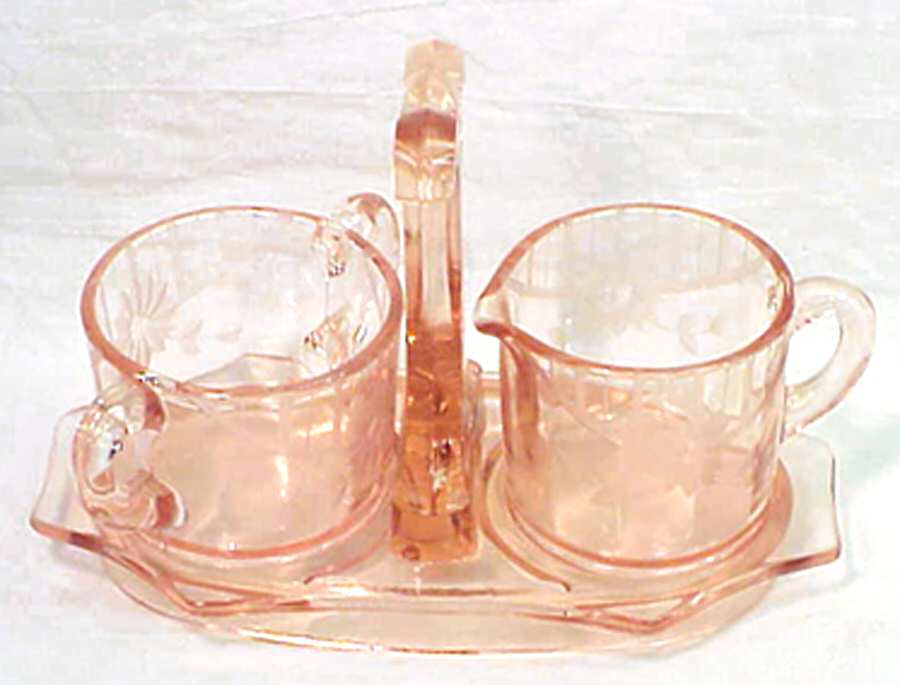 Trudy Pink Creamer, Sugar and Tray Set by Standard Glass-1