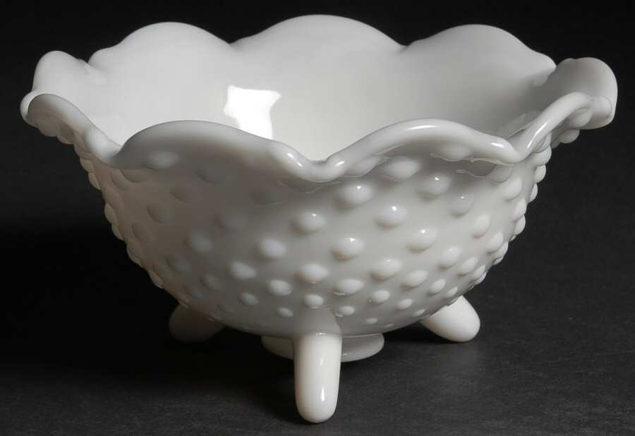 Hobnail Milk Glass 6" Round Crimped 3 Toed Bowl by Smith Glass -1