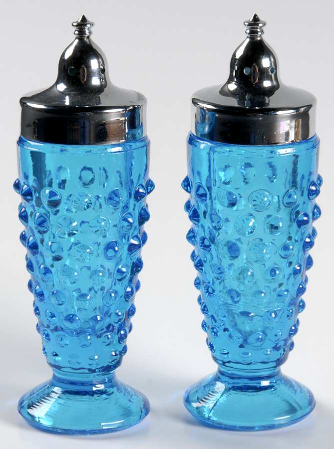 Hobnail Colonial Blue Footed Shaker Set & Metal Lids by Smith Glass -1