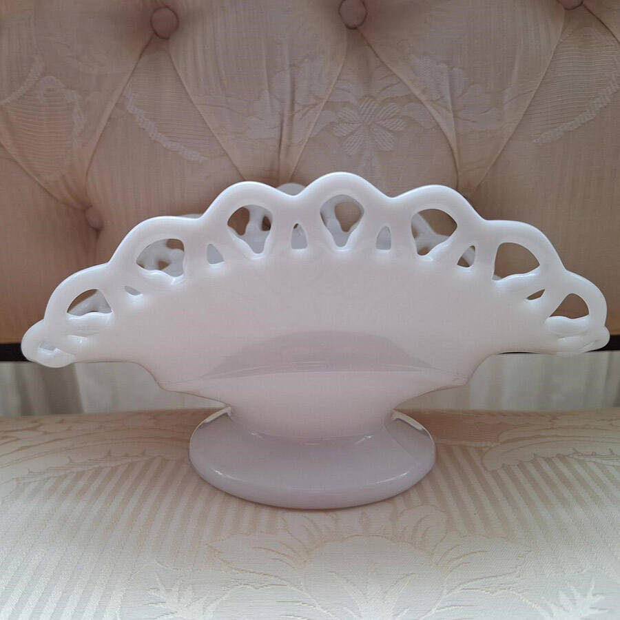 Colonial Lace Milk Glass Banana Basket by Smith Glass -1