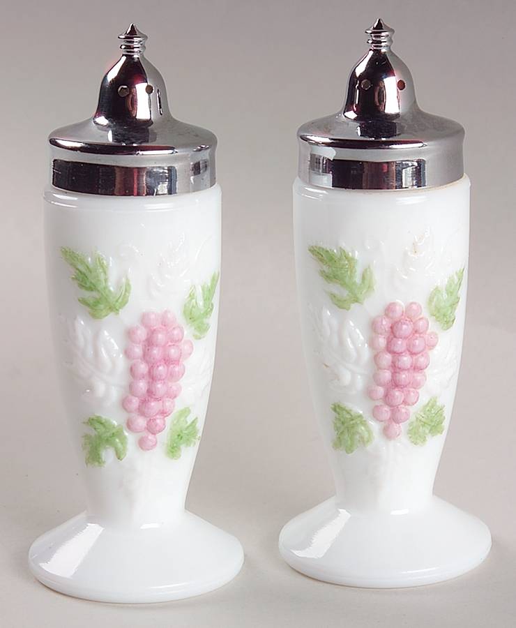 Vintage Milk Glass Decorated Footed Shaker Set & Metal Lids by Smith Glass -1