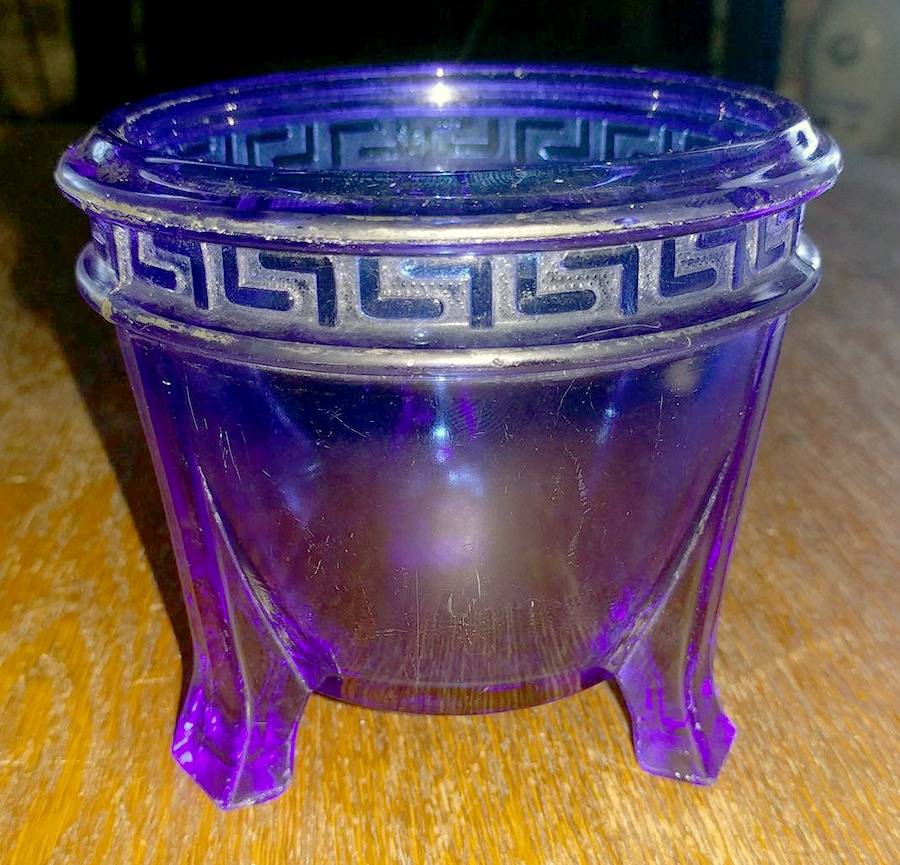 Greek Key Cobalt Blue 4" 3-Toed Footed Bowl by Smith Glass -1