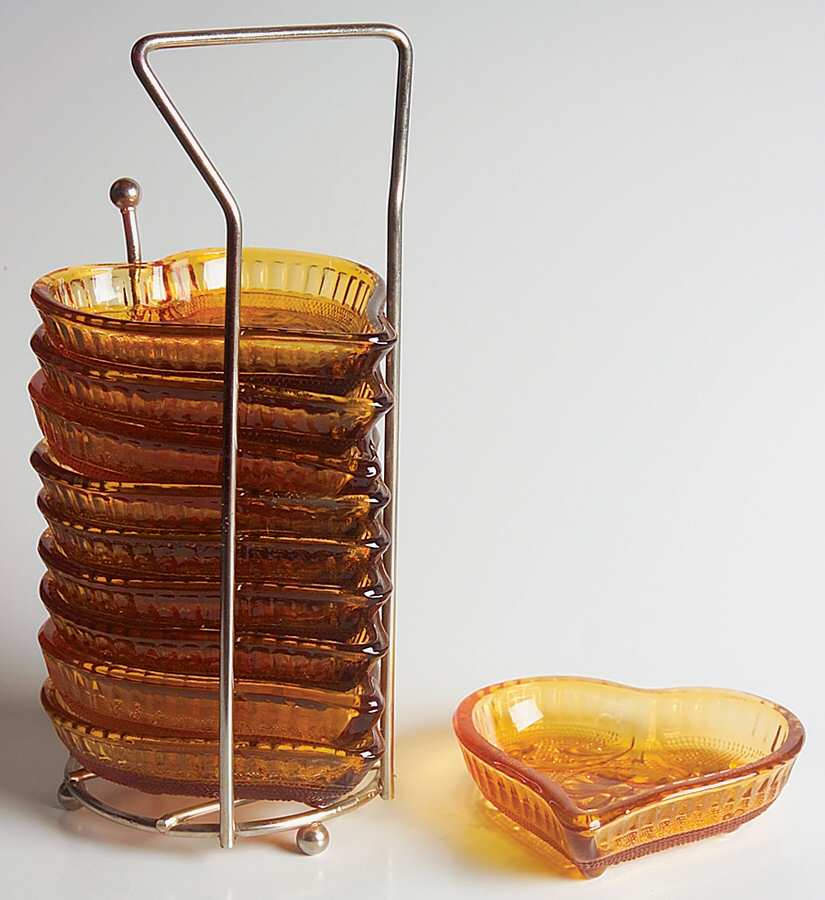 Sandwich Amber (Collection) Heart Ashtray (Set of 10 W/Metal Stand) by Tiara-1