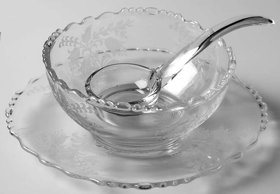 Fuchsia (Etched) Mayonnaise Bowl, Underplate and Ladle by Tiffin-Franciscan-1