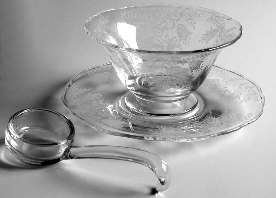 Fuchsia (Etched) Mayonnaise Bowl, Underplate and Ladle by Tiffin-Franciscan-1