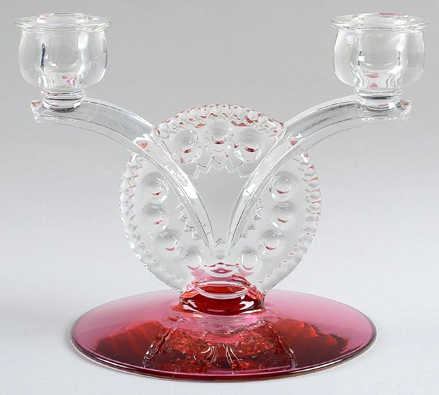 King's Crown-Cranberry Flashed (Top Only) Double Light Candlestick by Tiffin-Franciscan-1