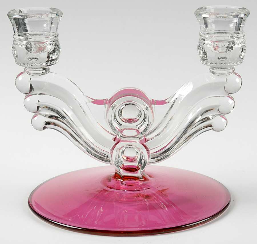 King's Crown-Cranberry Flashed (Top Only) Double Light Candlestick by Tiffin-Franciscan-1