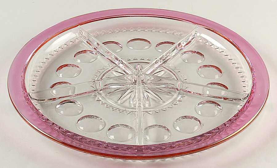 King's Crown-Cranberry Flashed (Top Only) 13" Round 5 Part Relish by Tiffin-Franciscan-1