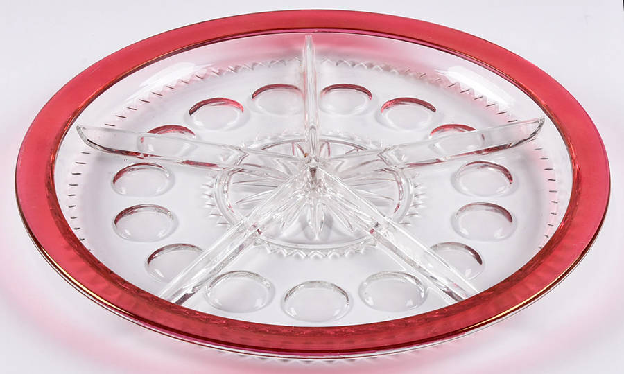King's Crown-Ruby Flashed (Top Only) 13" Round 5 Part Relish by Tiffin-Franciscan-1