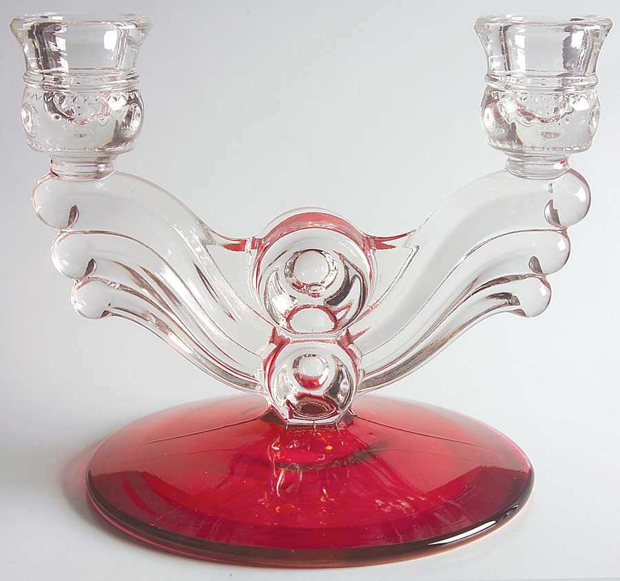 King's Crown-Ruby Flashed (Top Only) Double Light Candlestick by Tiffin-Franciscan-1