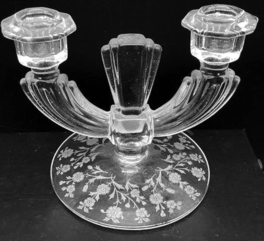 Rose Marie Clear (Etched) Double Light Candlestick by Tiffin-Franciscan-1