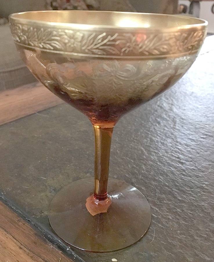Melrose Amber (Stem 13633, Gold Encrusted) Champagne/Tall Sherbet by Tiffin-Franciscan-1