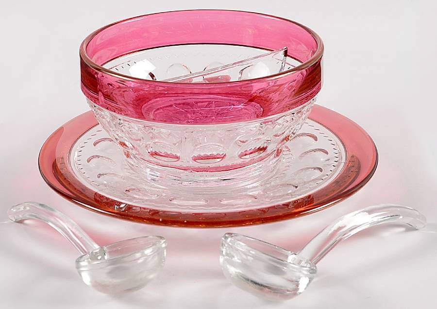King's Crown-Cranberry Flashed (Top & Bottom) Divided Mayonnaise, Underplate and 2 Ladles by Tiffin-Franciscan-1