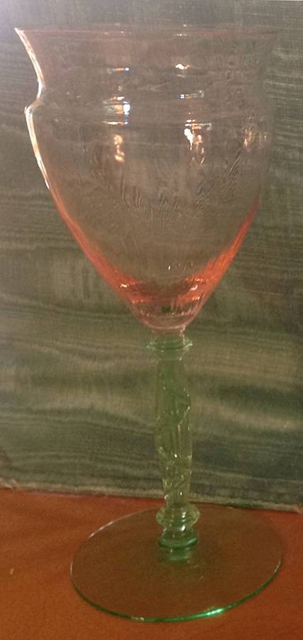 TIF72 Pink and Green Water Goblet by Tiffin-Franciscan-1