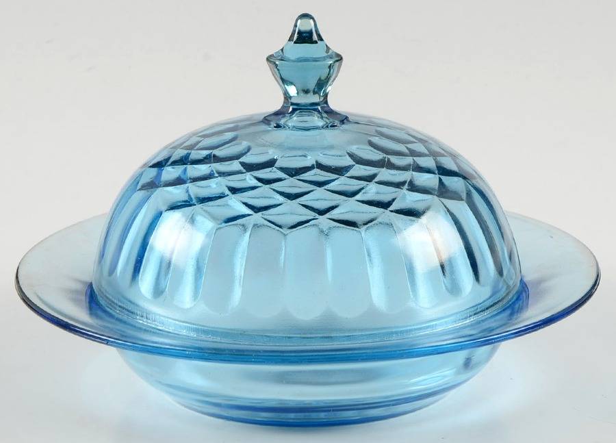 Aunt Polly Blue Round Covered Butter by US Glass-1