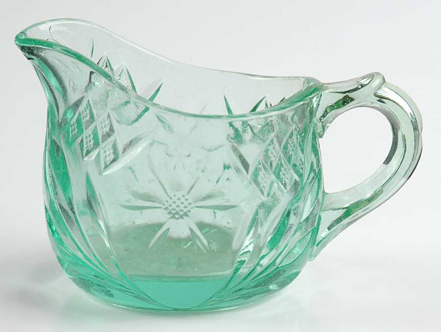Floral and Diamond Green Creamer by US Glass-1