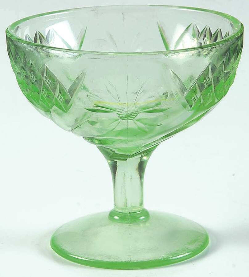 Floral and Diamond Green Champagne/Tall Sherbet by US Glass-1