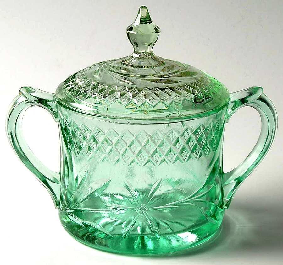 Floral and Diamond Green Sugar Bowl & Lid by US Glass-1