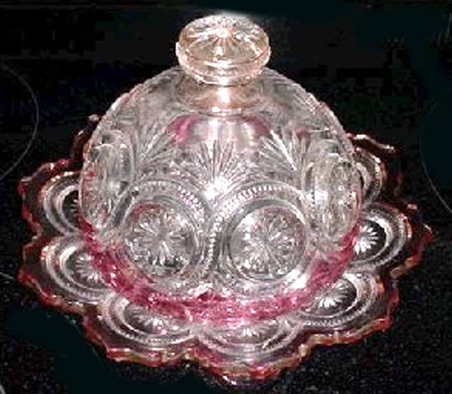 Star In Bull's Eye Ruby Flash Round Covered Butter by US Glass-1