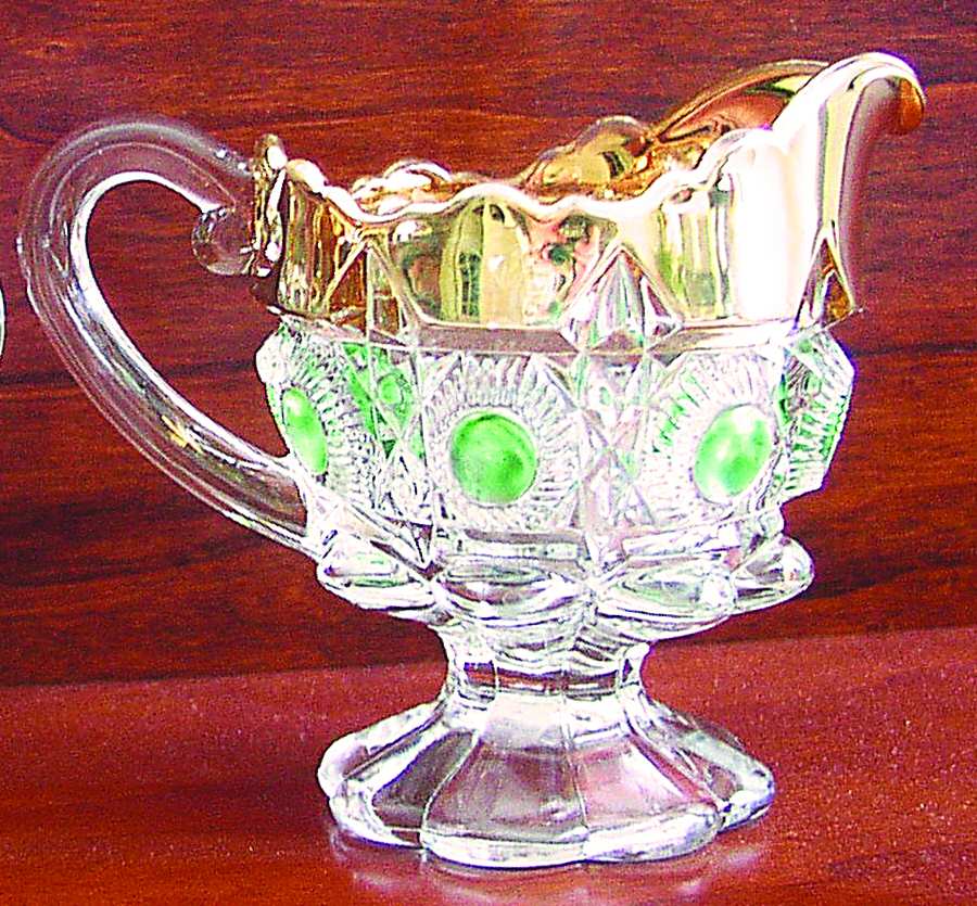Bull's Eye and Daisy Green (Gold Trim) Creamer by US Glass-1
