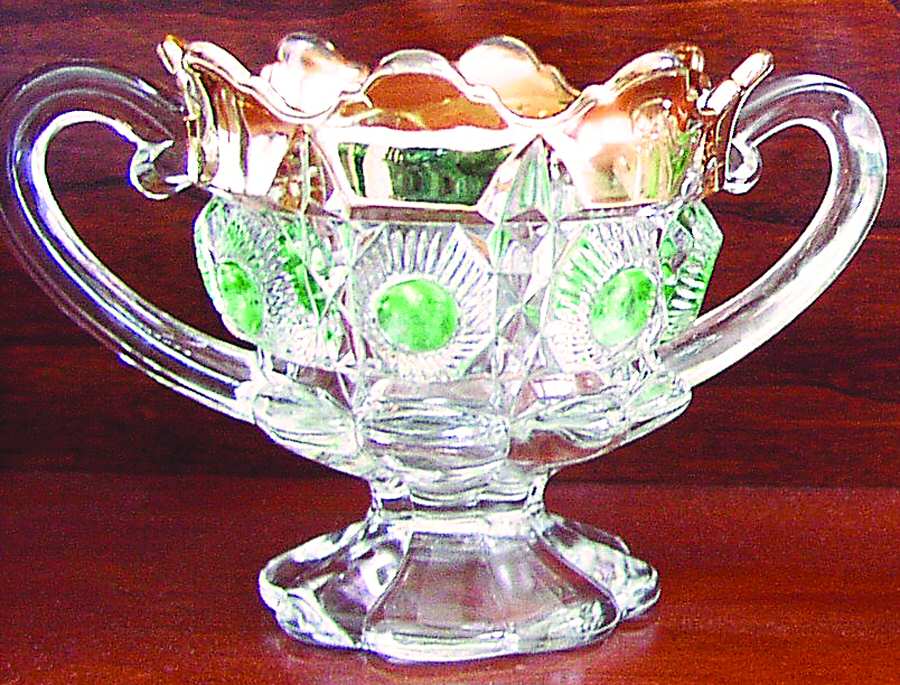 Bull's Eye and Daisy Green (Gold Trim) Open Sugar by US Glass-1