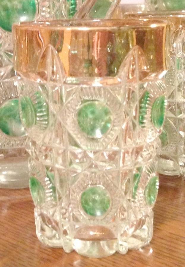 Bull's Eye and Daisy Green (Gold Trim) Flat Tumbler by US Glass-1