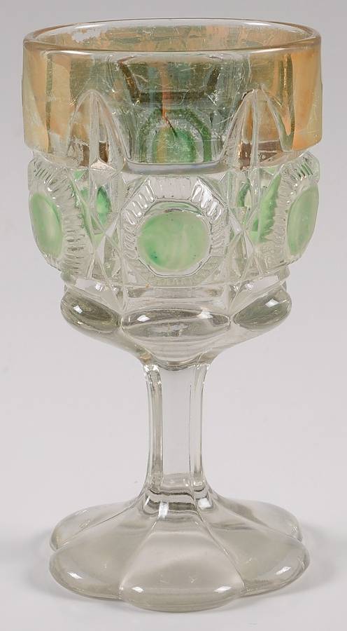 Bull's Eye and Daisy Green (Gold Trim) Water Goblet by US Glass-1