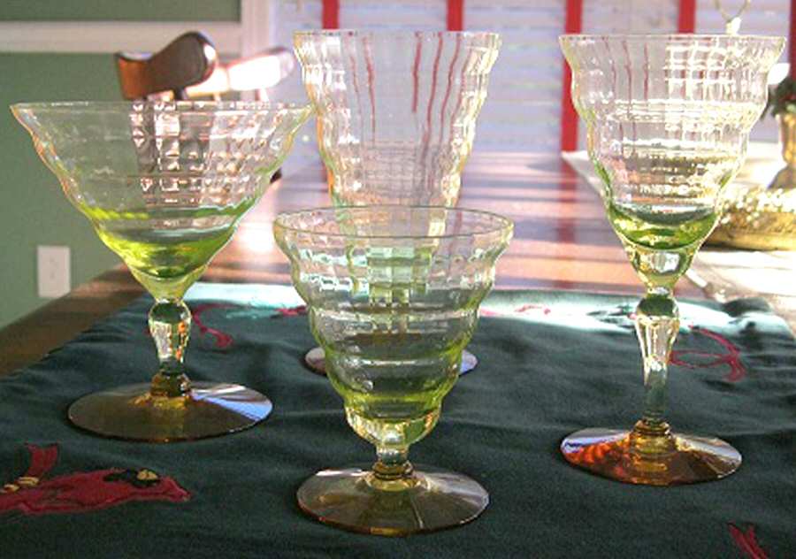 Cambodia Vaseline and Amber Champagne/Tall Sherbet by Utility Glass-1