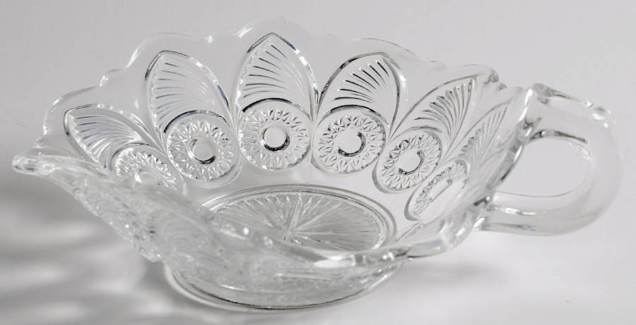 Bulls Eye and Fan Clear Triangular Handled Nappy by US Glass-1