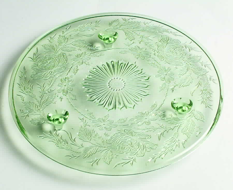 Shaggy Rose Green Footed Cake Plate by US Glass-1