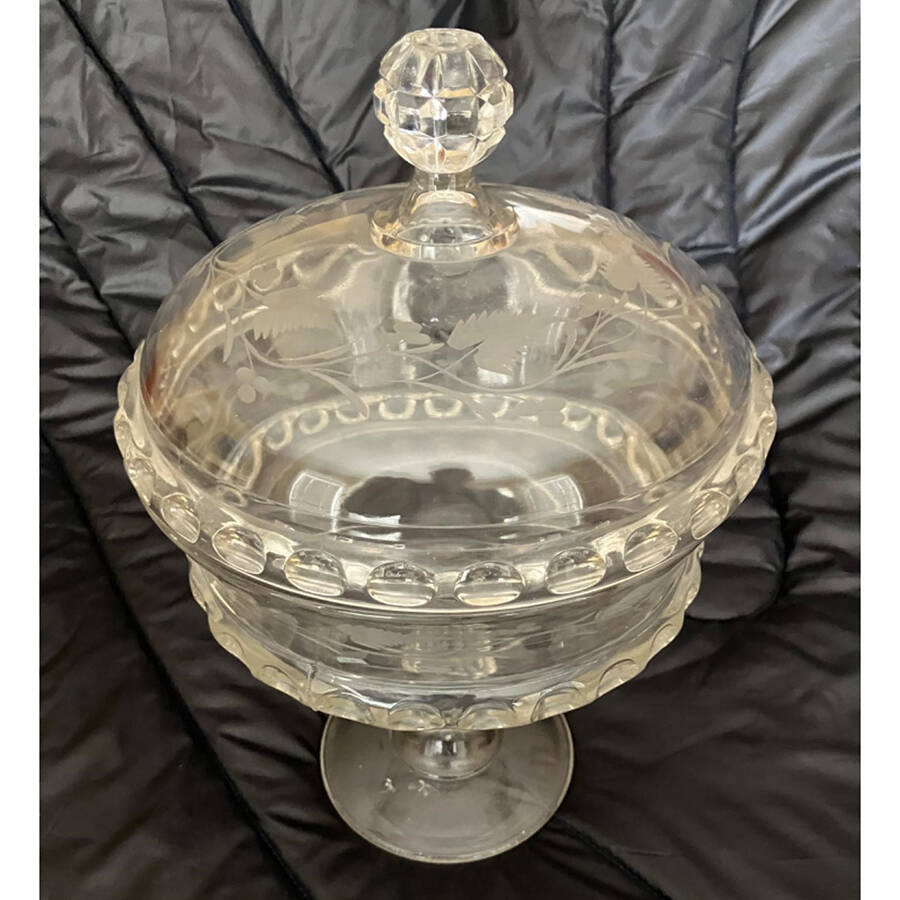 Dakota Cut Fern Berries 12" Tall Compote & Lid by US Glass-1