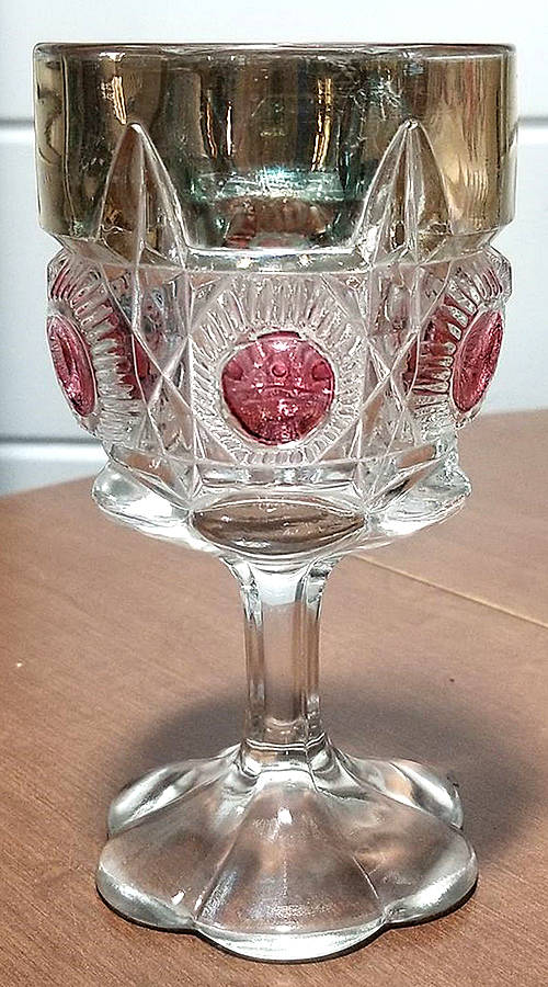 Bull's Eye and Daisy Ruby Flash (Gold Trim) Water Goblet by US Glass-1