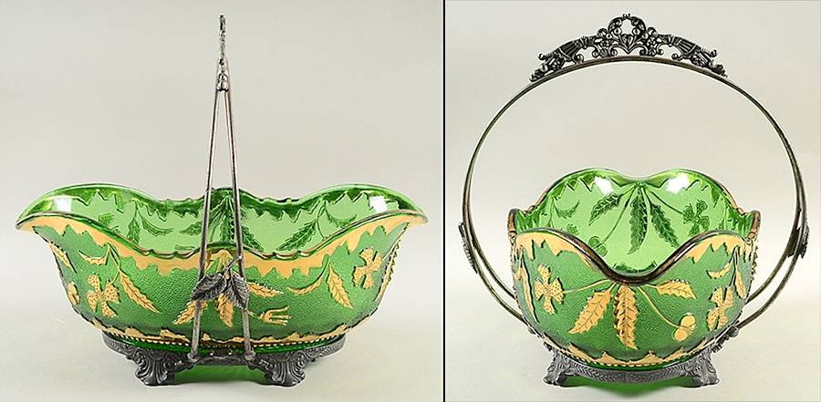 Delaware Emerald (Gold Accent) Bride Basket/Fruit Bowl & Metal Carrier by US Glass-1