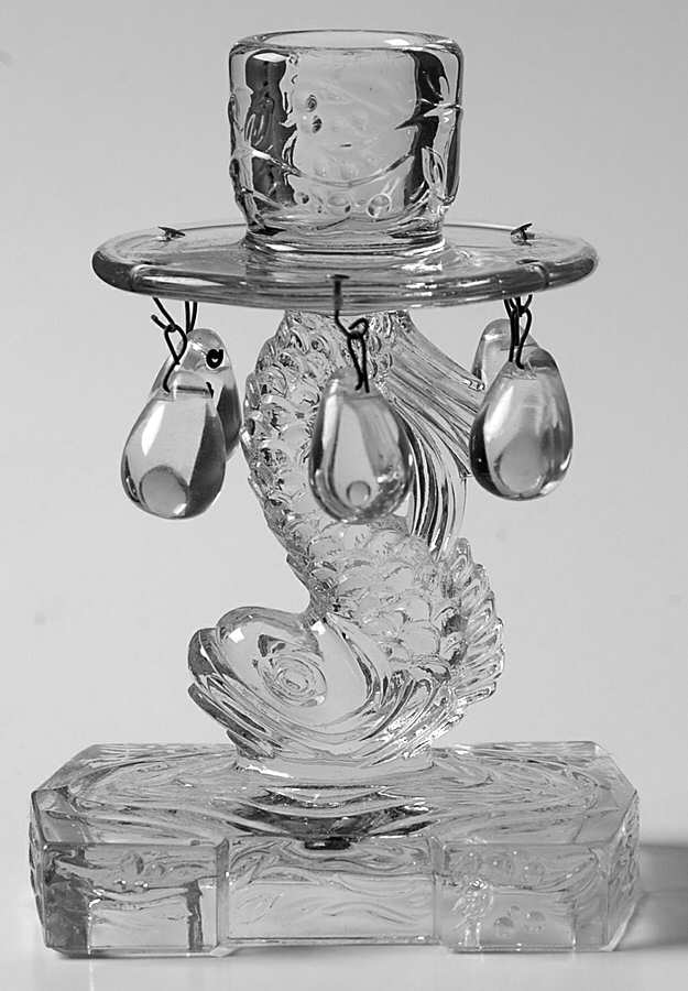 Animals & Figurines (Clear) 4" Dolphin Candlestick w/Attached Bobech &6 Prisms by Unknown Manufacturer-1