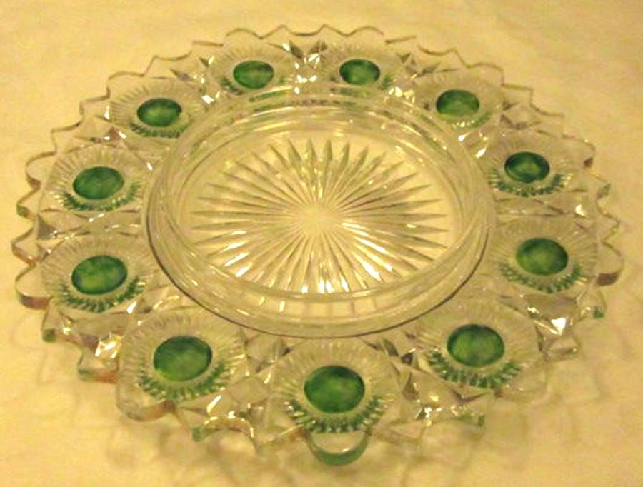 Bull's Eye and Daisy Green and Clear Round Butter Dish No Lid by US Glass-1