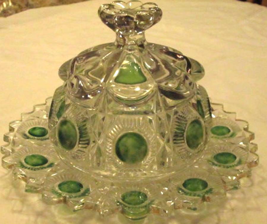 Bull's Eye and Daisy Green and Clear Round Covered Butter by US Glass-1