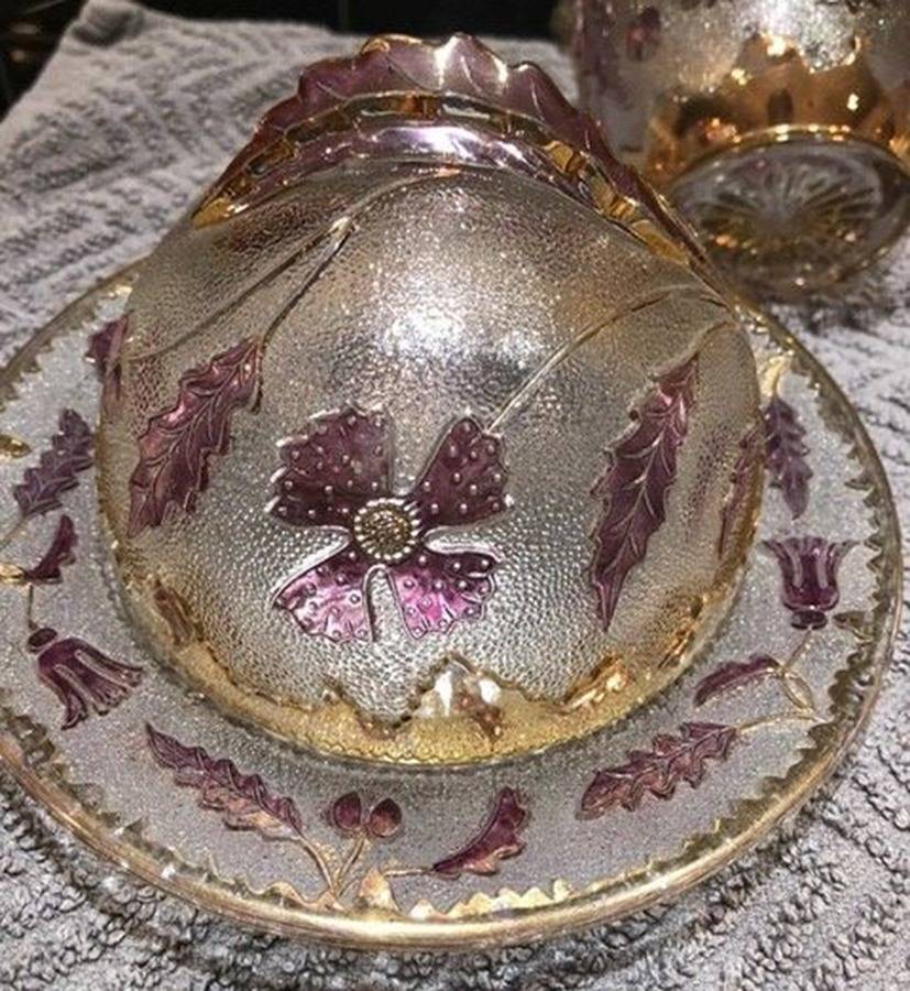 Delaware Ruby Leaves (Gold Trim) Round Covered Butter by US Glass-1