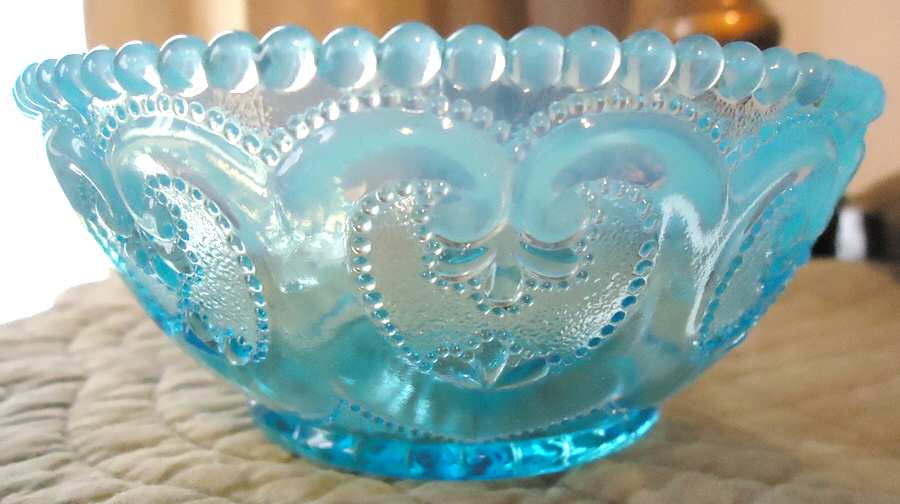 Jeweled Heart Blue Opalescent Small Fruit Dessert Bowl by Dugan-1