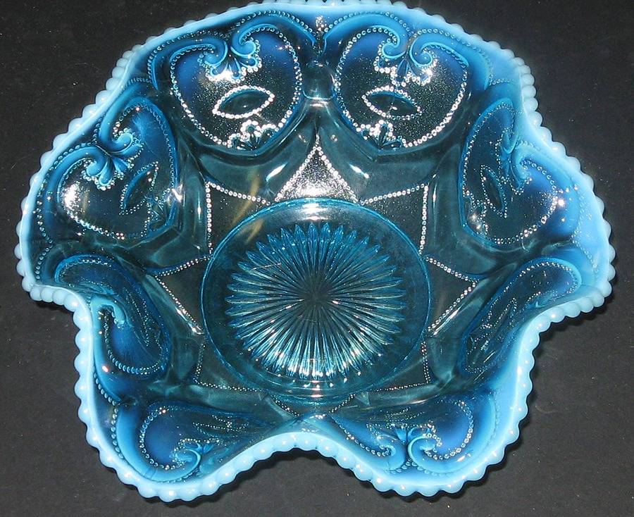 Jeweled Heart Blue Opalescent 10" Crimped Bowl by Dugan-1