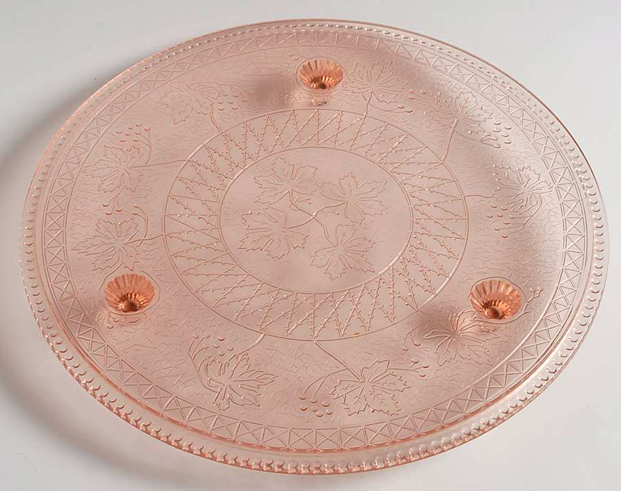 Maple Leaf Pink Footed Cake Plate by US Glass-1