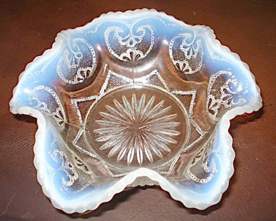 Sweetheart White Opalescent 10" Crimped Bowl by Dugan-1