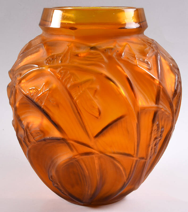 Art Deco "After" R Lalique Vases 11" Orange Sauterelles Vase by Unknown Manufacturer-1