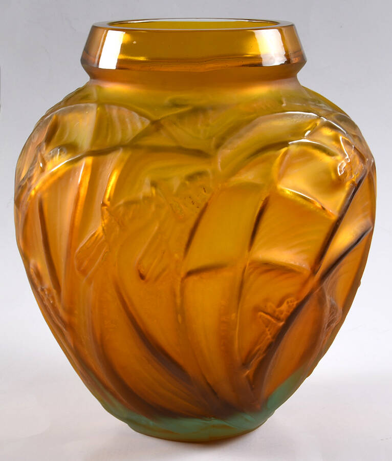 Art Deco "After" R Lalique Vases 11" Amber Sauterelles Vase by Unknown Manufacturer-1