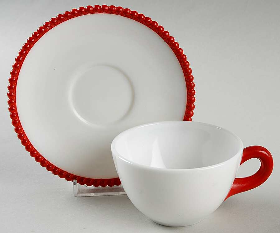 Beaded Edge Milkglass Red Cup & Saucer Set by Westmoreland-1