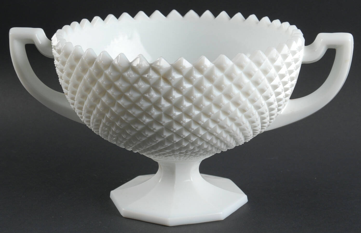 English Hobnail Milk Glass (Round or Hex Base) 8" Handled Bowl by Westmoreland-1