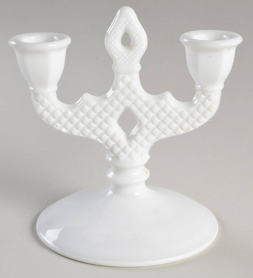 English Hobnail Milk Glass (Round or Hex Base) Double Light Candlestick by Westmoreland-1