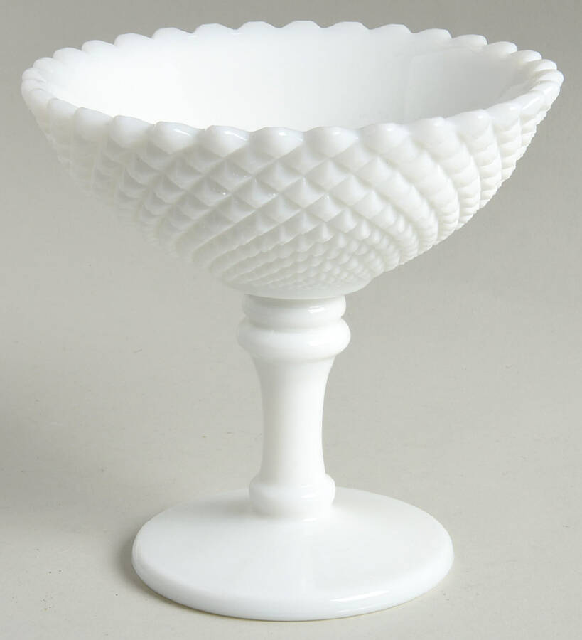 English Hobnail Milk Glass (Round or Hex Base) Round Compote (Height X Width) by Westmoreland-1