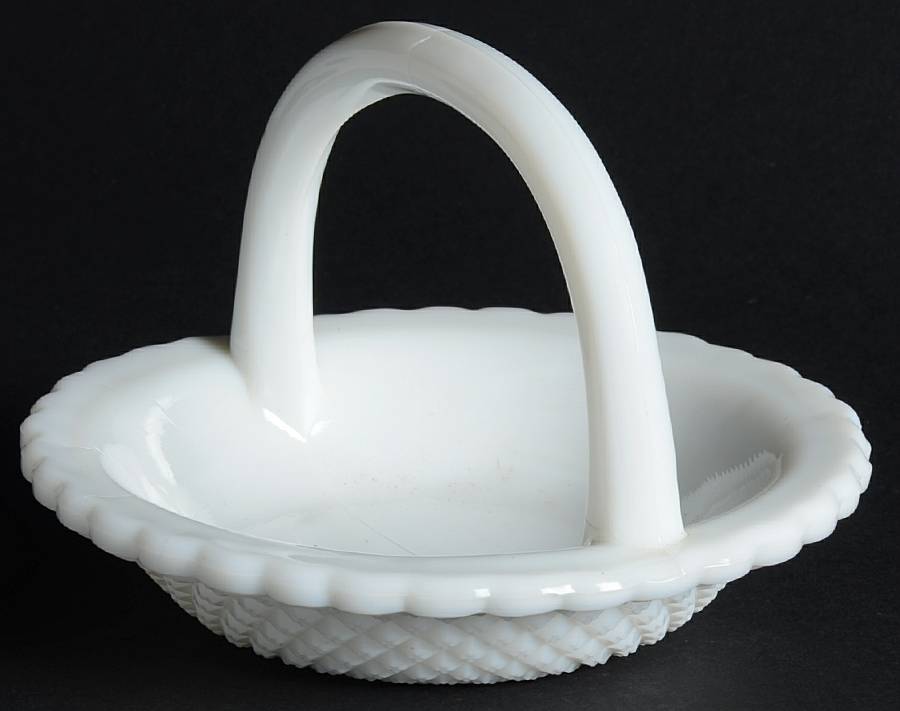 English Hobnail Milk Glass (Round or Hex Base) 5" Handled Basket by Westmoreland-1